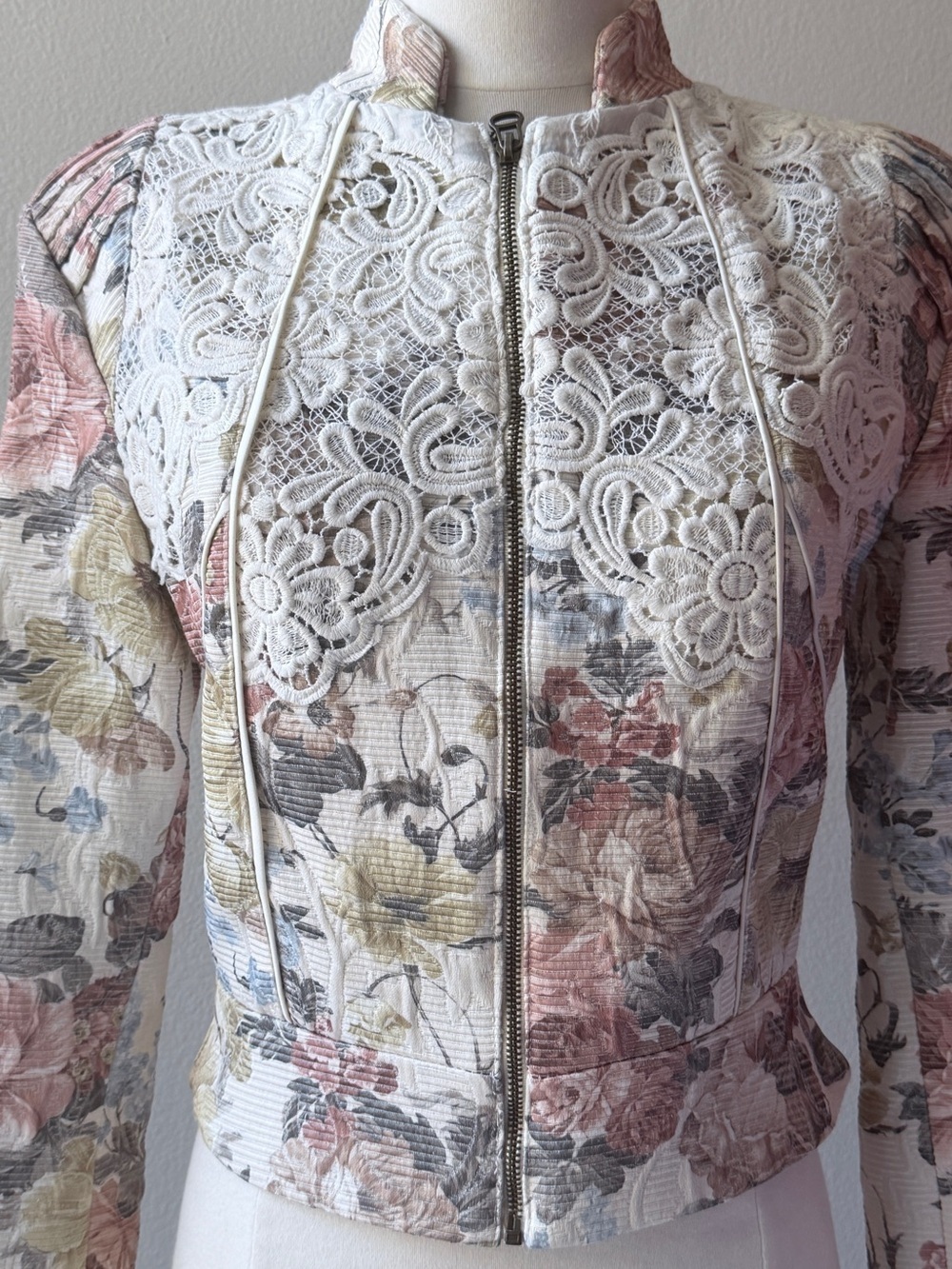 Vintage Tapestry Floral Lace Panel Zip Front Jacket — Cream, Blush & Sage - Picture 12 of 12